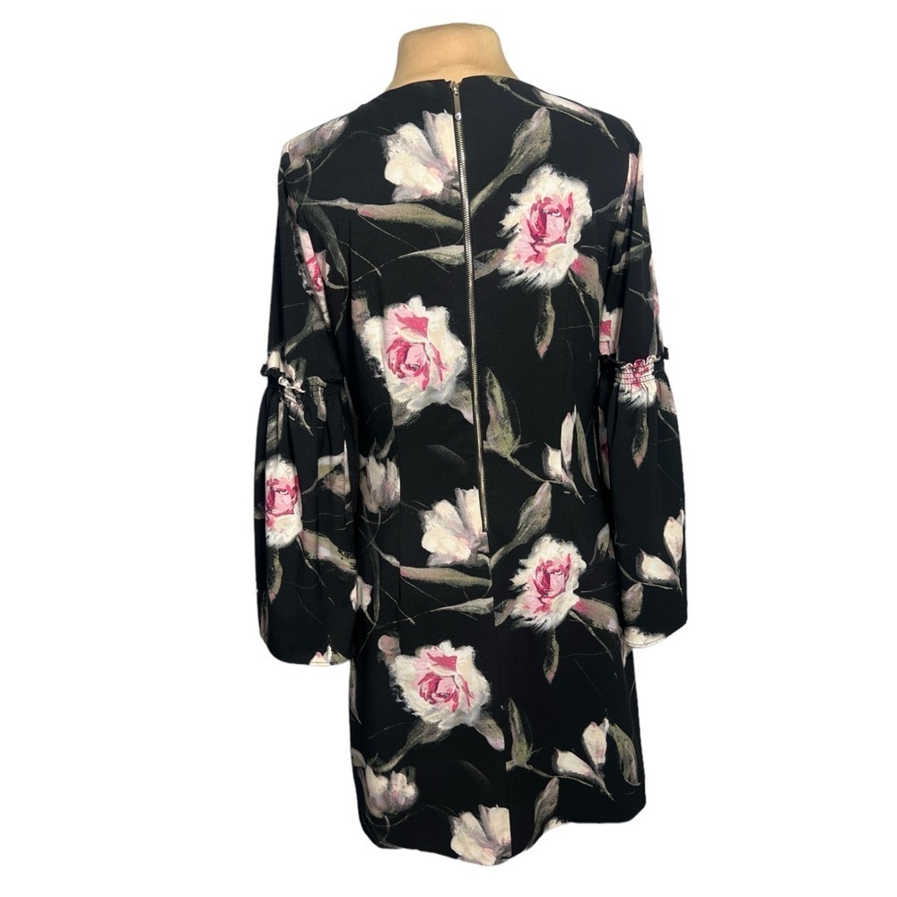 White House Black Market black pink floral bell sleeve shift dress size 8 - Picture 5 of 9